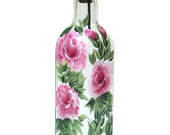 Hand Painted Glass Bottle Olive Oil Dispenser Pink Roses Green Leaves Vines Hand Painted Glassware Hand Painted Oil Vinegar Soap Dispensers