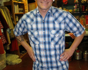 Blue Plaid Western Shirt - Short Sleeves - Pearl Snaps