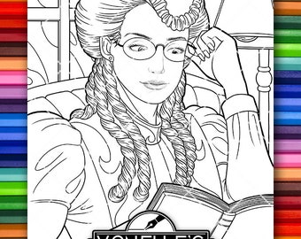 Adult Coloring Page Victorian Era Beautiful Lady Reading Book Library Instant Download PDF Illustration Digital Stamp Fashion