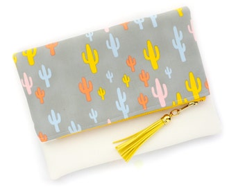 Boho Tassel Clutch in Modern Saguaro Cactus Print and Tan Vegan Leather and Gold zipper close