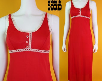 Cute Vintage 70s Slinky Red Nylon Mod Long Nightgown