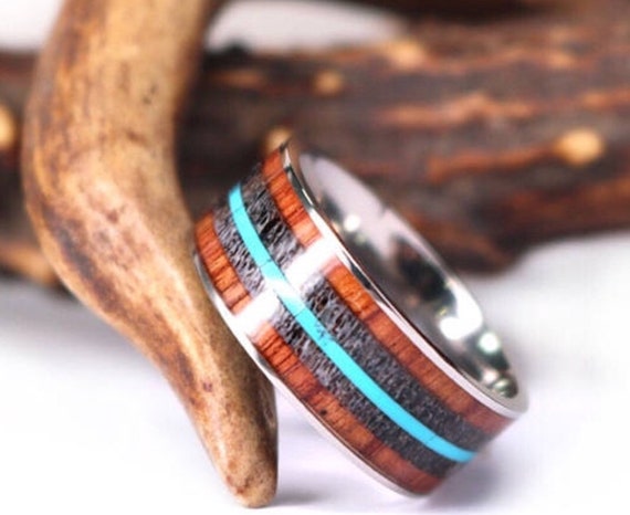 Titanium Ring Koa Wood Turquoise Antler 9mm Men's Wedding