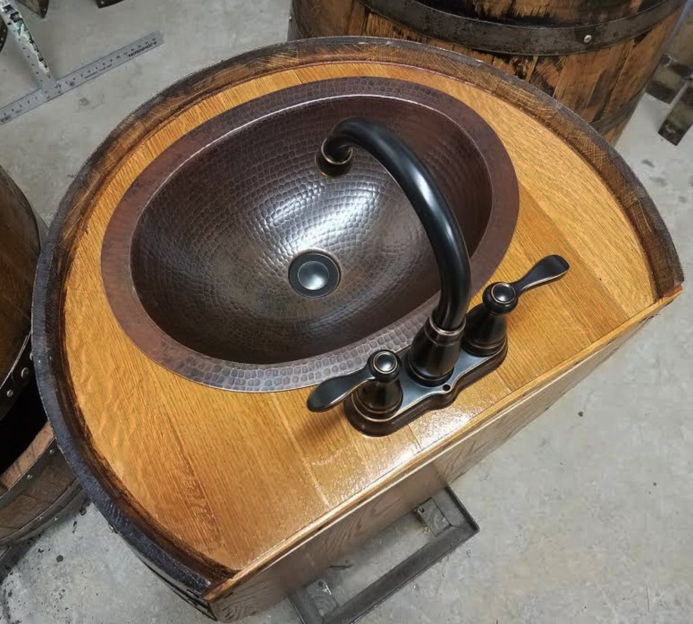 Whiskey barrel sink, hammered copper, rustic antique bathroom / bar ...