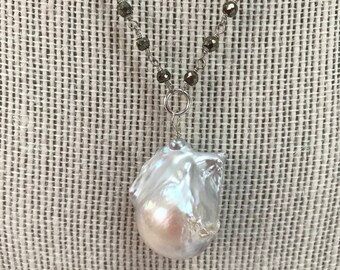 Large Baroque Freshwater Pearl Drop, Pyrite Beaded Chain