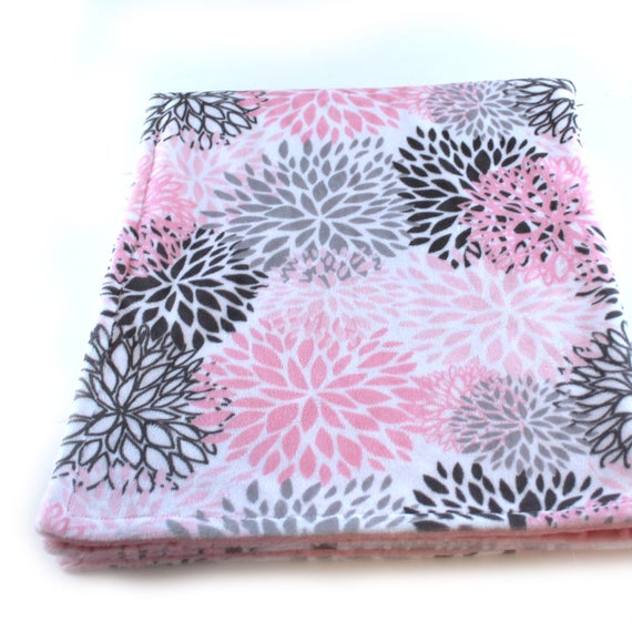Gift For Women, Floral Minky Blanket Adult Minky Blanket Personalized Blanket Pink Flower Blanket Gray Pink Minky Throw Blanket Gift For Her