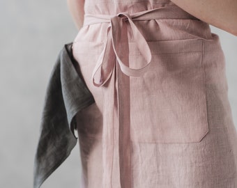 Linen Half Apron / Washed Handmade Apron / Midi Linen Apron / Vendor Linen Apron / Pale Dogwood Apron / Kitchen Apron / Apron with Pockets