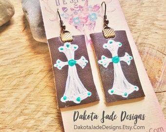Cross Earrings. Western Earrings. Cowgirl Earrings. Leather Earrings. Turquoise White Cross. Cowgirl Jewelry. Hand Painted. Leather Jewelry
