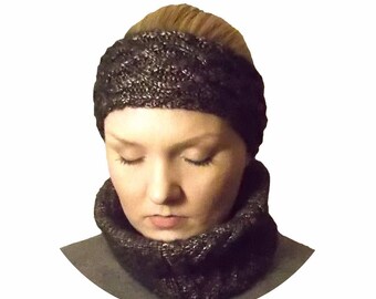 Ruskea kimalteleva panta merinovilla - juhlava panta - tumma villapanta - palmikkoneule - neulepanta - kimalle - kiiltävä - brown headband