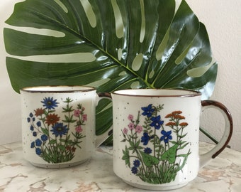 Pair of Vintage 1960s White Speckled Mugs with Floral Design - Made in Japan