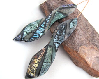 Flat Pods Polymer Clay Textured Mosaic Black Blue, Golden Teal Wavy Crackle Shimmery Lightweight Copper Headpins Numi- Poly Pair (2)