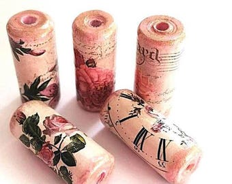 Victorian Rose Beads - Handmade Paper Tube Beads - - Set/5 - PB18