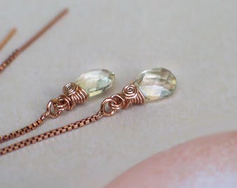 Champagne Oregon Sunstone Threader Earrings | Pear Briolettes | 14k Rose Gold Fill Box Chain Threads | Petite Drop Dangles | Ready to Ship