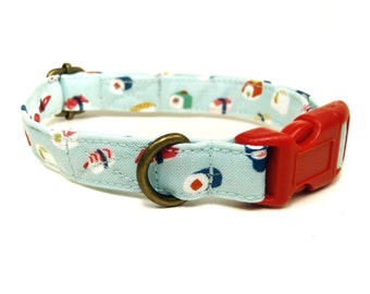 Sushi Time - Light Blue Sushi Sashimi Japanese Fish Organic Cotton CAT Collar - All Antique Metal Hardware