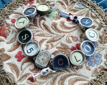 It's 5 O'Clock Bracelet, Antique Typewriter Key Jewelry, Happy Hour, Wine Glass, Upcycled Jewelry, Steampunk Bracelet, Vingage Ladies Watch