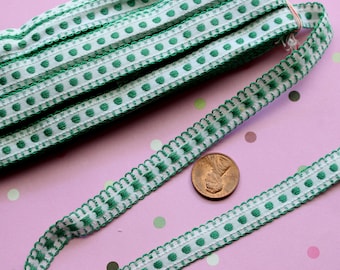 1 yard vintage all cotton ribbon trim woven dots green white 7/16" wide