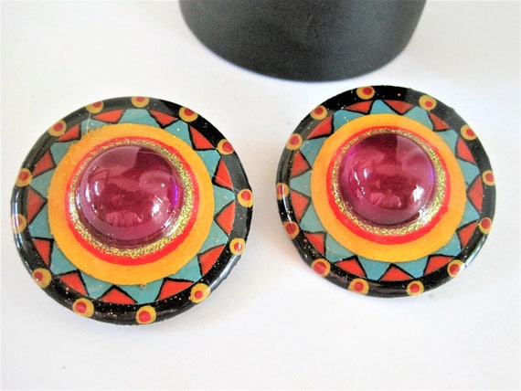 Designer Earrings, Signed Dez, Multicolor Dome Shaped, Black Resin Clip Ons