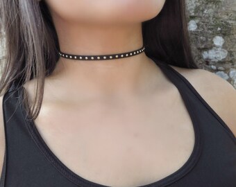 Dainty Choker Necklace, Single Leather Cord Choker, Black Choker Necklace, Black Necklace Dainty,Silver Gold Choker Necklace, Stud Choker