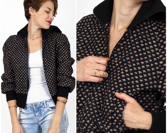 Vintage 70's/80's Black & Brown Cropped Fitted Bomber Jacket by Marimekko | Small