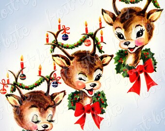 Retro Reindeer with Decorated Antlers - Digital image for instant download - wreath baubles 1950s candles tinsel