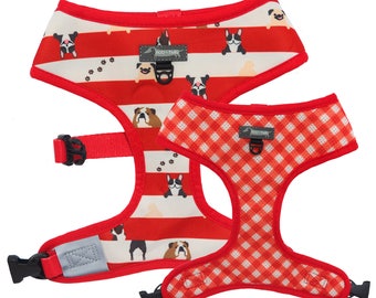 REVERSIBLE DOG HARNESS - Pug Frenchie Bulldog Boston Terrier, Stripes, dog collar, gingham harness, pug harness, frenchie harness, cute