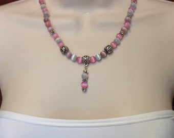 Vintage Pink & Gray Cat Eye Beaded Necklace with Silver Accent One of a Kind 17.75" Long Previously 15 Dollars ON SALE