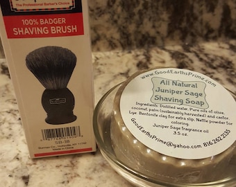 JuniperSage Shaving Soap * Shaving brush * Glass Shaving bowl handmade soap with bentonite clay for a smooth shave