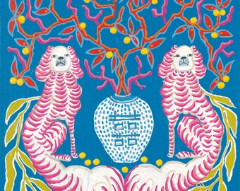Hot pink scalloped dogs on blue