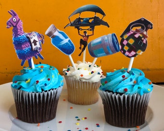 FORTNITE birthday, Fortnite cupcake toppers, fortnite party, 12CT cupcake toppers, Boogie Bomb,llama,chug jug, mini shield