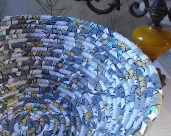 Mid-Century Modern Coiled Fabric Basket - Shades of Gray, Mustard Gold, Light Turquoise - LARGE - Handmade by Me