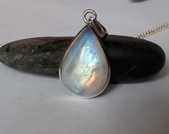Rainbow moonstone pendant, teardrop, set in 92.5 sterling silver