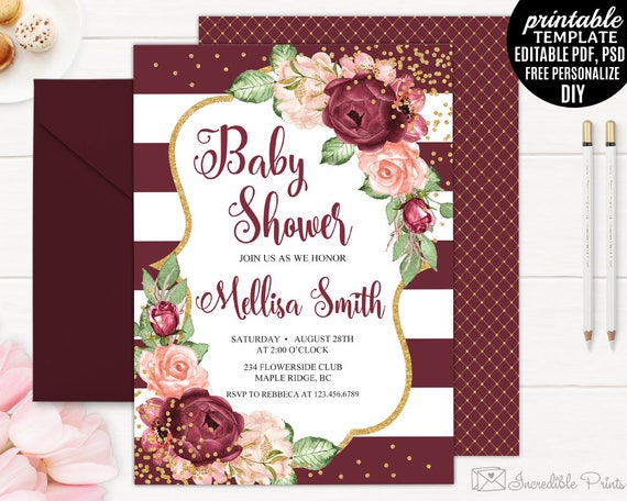 Baby Shower Invitation Template. Printable Marsala Roses