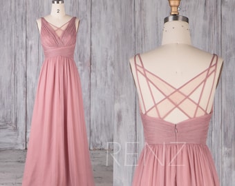 Bridesmaid Dress Dusty Rose Chiffon Dress,Wedding Dress,Ruched V Neck Prom Dress,A-line Maxi Dress,Criss Cross Illusion Party Dress(L126E)