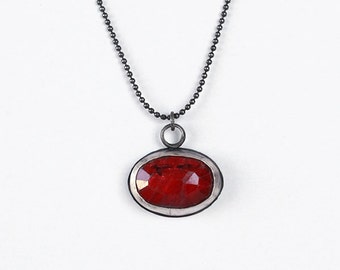 Ruby Pendant Necklace, Oxidized 925 Silver, Oval Ruby Pendant, Oxidized Necklace, July Birthstone Necklace, Ruby Jewelry, July Birthday Gift
