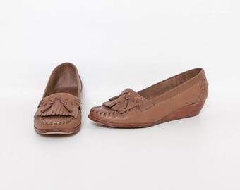 maple leather wedges | vintage 80s shoes with stacked heel by Balloons