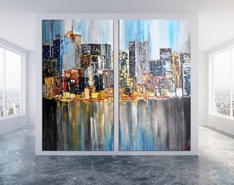 New York Horizon,Manhattan,New York Painting,Huge PRINT,Brooklyn Art Modern Acrylic Downtown Painting by Kathleen Artist 70"x76" Inches