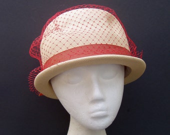 VINTAGE Fine Straw Hat with Orange band & netting