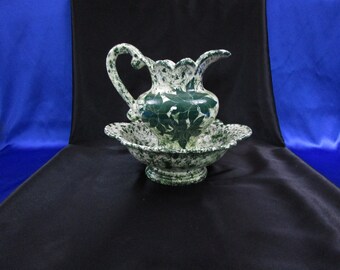 Vintage Small Pitcher and Wash Bowl set Sponge Painted Green & White Hand Painted Spongeware Washing Basin Pottery Farmhouse Chic Home Decor