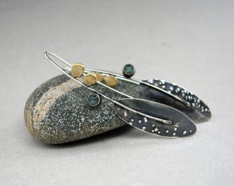 Modern earrings, statement earrings, long leaf earrings, art jewelry, labradorite drop earrings, mixed metal earrings, gemstone earrings