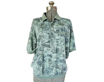 Vintage 1980s Safe Harbor Army Green Tropical Print Collared Short-Sleeve Shirt (L)