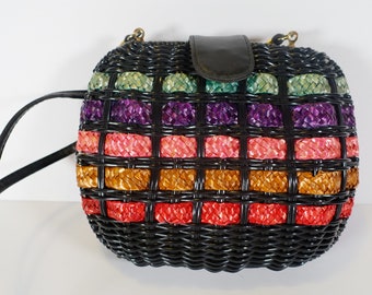 80s Black Wicker Rattan Rainbow Stripe Picnic Basket Basket Weave Crossbody Handbag Clutch