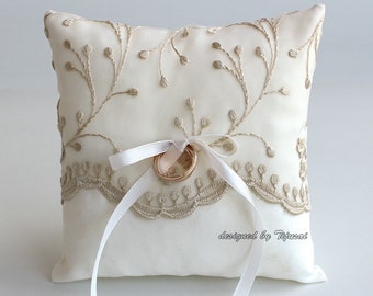 Ivory with beige embroidered branches -wedding ring bearer pillow-ring bearer, ring cushion, ready to ship