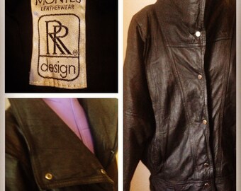 1980's vintage Black leather batwing jacket - coat by Montes Leatherwear