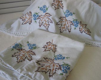 vintage Handmade Pillowcases Embroidered with Floral and Leaf Design