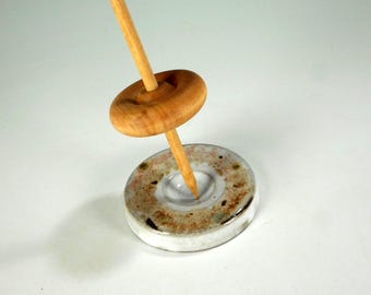 Pottery spinning bowl, ceramic spindle support bowl, supported spindle bowl, large spinning disk, stoneware spinning bowl white and brown