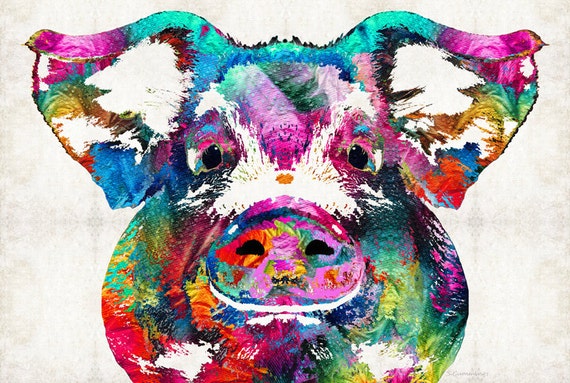 Colorful Pig Art PRINT from Painting Bacon Pork Porcine Farm