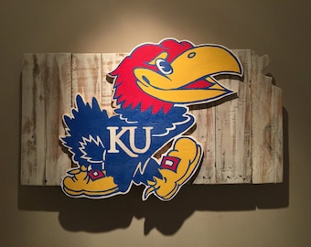 Wooden State of Kansas with Jayhawk logo