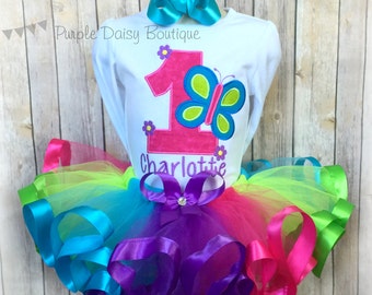 Butterfly Birthday Outfit - Spring Birthday Ribbon Trim Tutu Outfit - First Birthday Outfit - Rainbow Tutu Outfit - Second Birthday