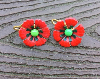 Vintage Jewelry Adorable Enamel Poppy Earrings Very Cute!