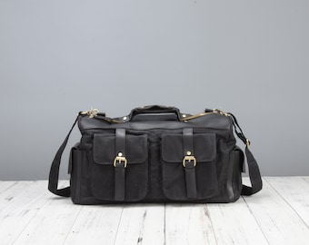 Personalised waxed canvas and leather overnight bag in black