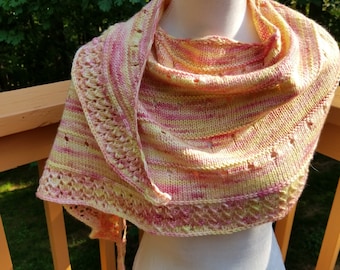 Hand knit shawl in yellow and pink merino wool